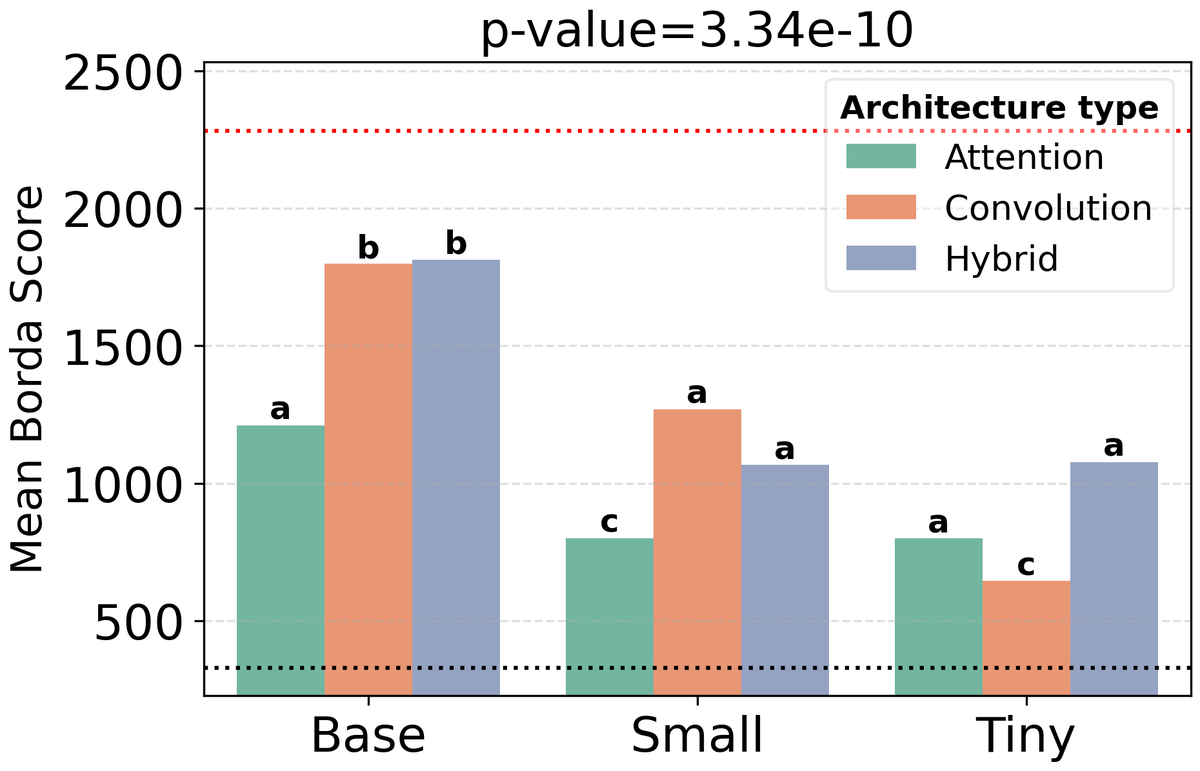 Bar chart of mean Borda score by architecture type and size; hybrid architectures lead at tiny size